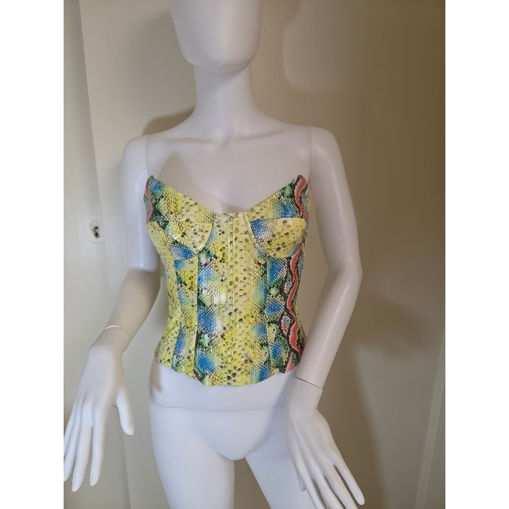 PrettyLittleThing Womens Snakeskin Print Corset Top Yellow Blue Bustier Size 4